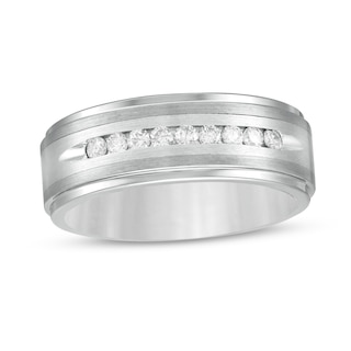 Men's 0.24 CT. T.W. Diamond Multi-Finish Stepped Edge Comfort-Fit Wedding Band in Stainless Steel and Tungsten - Size 10