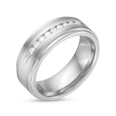 Men's 0.24 CT. T.W. Diamond Multi-Finish Stepped Edge Comfort-Fit Wedding Band in Stainless Steel and Tungsten - Size 10