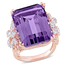 Emerald-Cut Amethyst and 1.75 CT. T.W. Multi-Shape Diamond Floral Side Accent Cocktail Ring in 14K Rose Gold