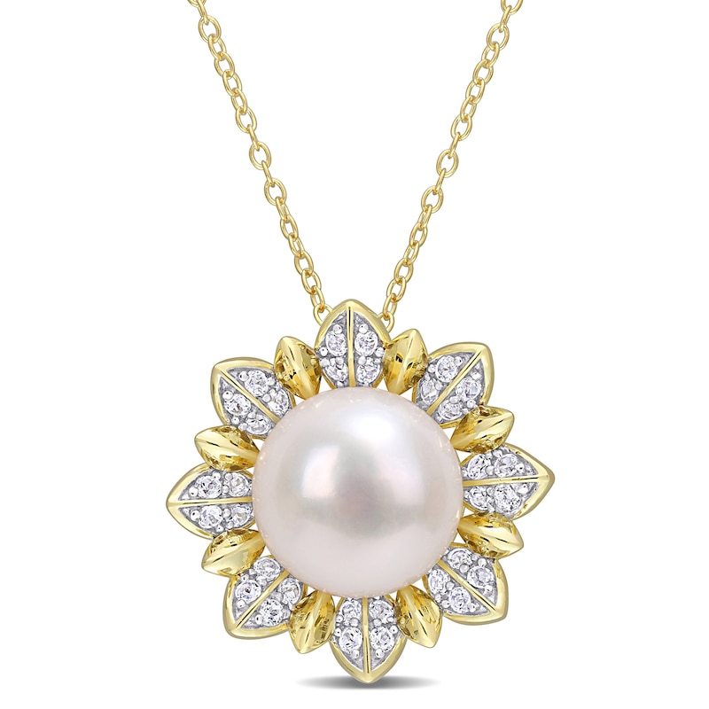 11.5-12.0mm Button Freshwater Cultured Pearl and White Topaz Sunburst Pendant in Sterling Silver with Yellow Rhodium