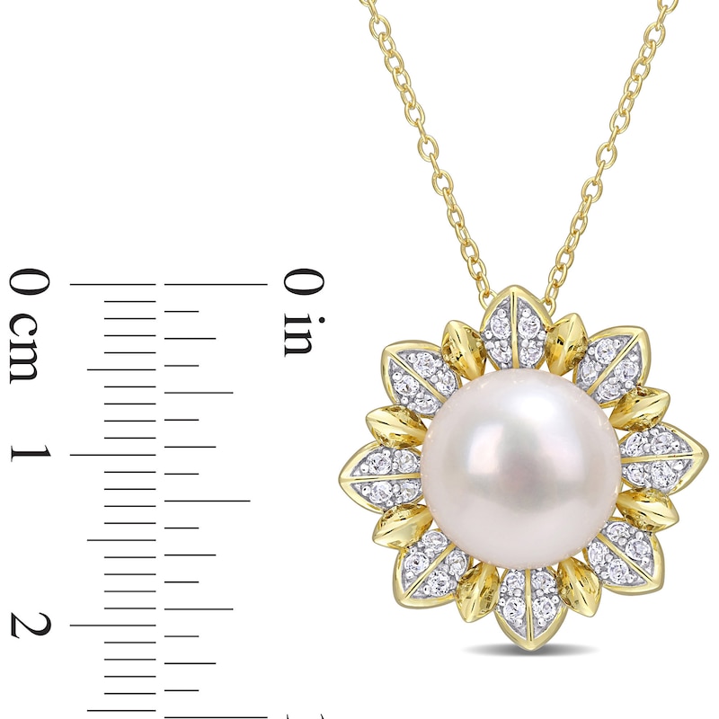 11.5-12.0mm Button Freshwater Cultured Pearl and White Topaz Sunburst Pendant in Sterling Silver with Yellow Rhodium