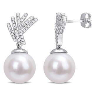 11.0-12.0mm Freshwater Cultured Pearl and 0.05 CT. T.W. Diamond Criss-Cross Fan Drop Earrings in Sterling Silver