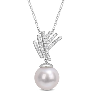 11.0-12.0mm Freshwater Cultured Pearl and 0.05 CT. T.W. Diamond Criss-Cross Fan Drop Pendant in Sterling Silver