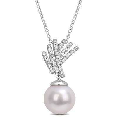 11.0-12.0mm Freshwater Cultured Pearl and 0.05 CT. T.W. Diamond Criss-Cross Fan Drop Pendant in Sterling Silver