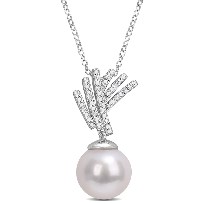 11.0-12.0mm Freshwater Cultured Pearl and 0.05 CT. T.W. Diamond Criss-Cross Fan Drop Pendant in Sterling Silver|Peoples Jewellers