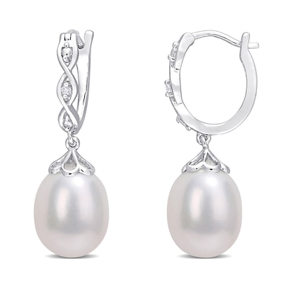 8.0-8.5mm Oval Freshwater Cultured Pearl and Diamond Accent Twist Drop Earrings in Sterling Silver