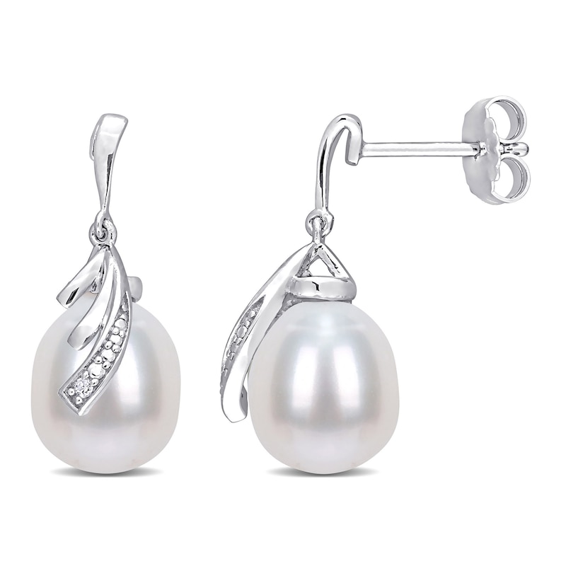 8.0-8.5mm Oval Freshwater Cultured Pearl and Diamond Accent Tiered Ribbon Overlay Drop Earrings in Sterling Silver|Peoples Jewellers