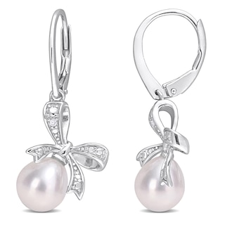 7.5-8.0mm Oval Freshwater Cultured Pearl and Diamond Accent Bow Drop Earrings in Sterling Silver