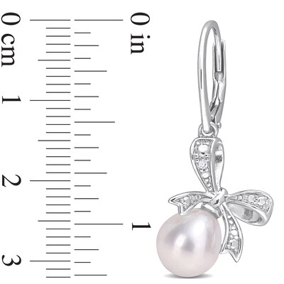 7.5-8.0mm Oval Freshwater Cultured Pearl and Diamond Accent Bow Drop Earrings in Sterling Silver