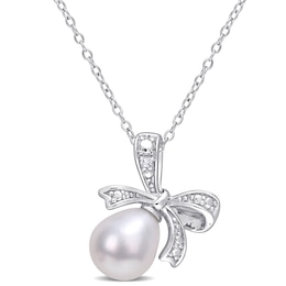 8.5-9.0mm Oval Freshwater Cultured Pearl and Diamond Accent Bow Pendant in Sterling Silver