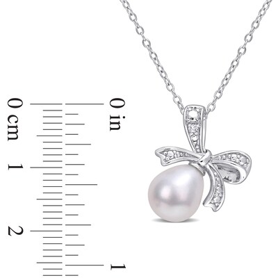 8.5-9.0mm Oval Freshwater Cultured Pearl and Diamond Accent Bow Pendant in Sterling Silver