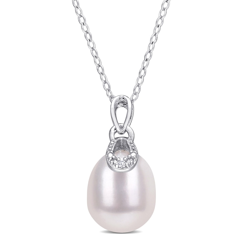 8.5-9.0mm Oval Freshwater Cultured Pearl and Diamond Accent Doorknocker Drop Pendant in Sterling Silver|Peoples Jewellers