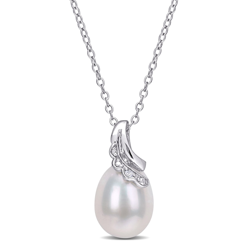 8.5-9.0mm Oval Freshwater Cultured Pearl and Diamond Accent Scallop Ribbon Overlay Swirl Pendant in Sterling Silver