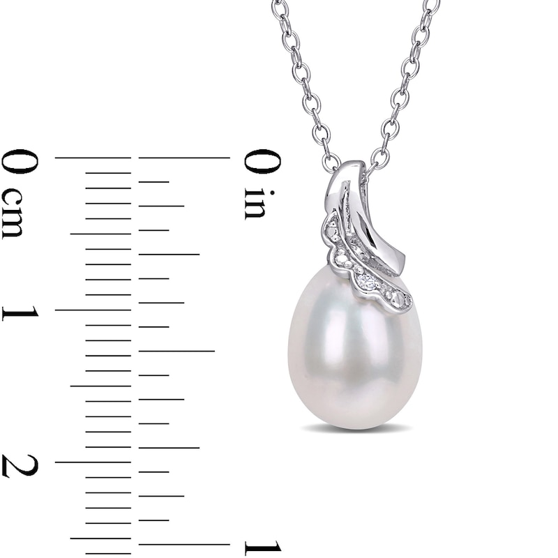 8.5-9.0mm Oval Freshwater Cultured Pearl and Diamond Accent Scallop Ribbon Overlay Swirl Pendant in Sterling Silver