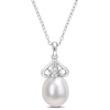 Thumbnail Image 0 of 8.5-9.0mm Oval Freshwater Cultured Pearl and Diamond Accent Scroll Petal Flower Drop Pendant in Sterling Silver
