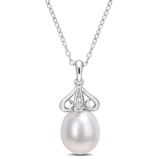 8.5-9.0mm Oval Freshwater Cultured Pearl and Diamond Accent Scroll Petal Flower Drop Pendant in Sterling Silver