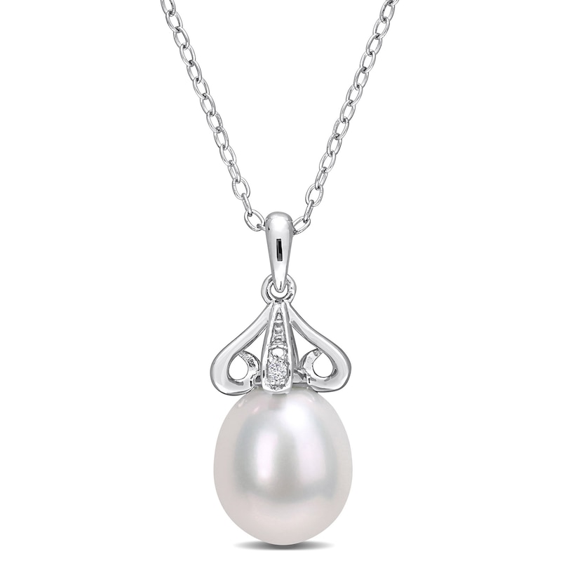8.5-9.0mm Oval Freshwater Cultured Pearl and Diamond Accent Scroll Petal Flower Drop Pendant in Sterling Silver