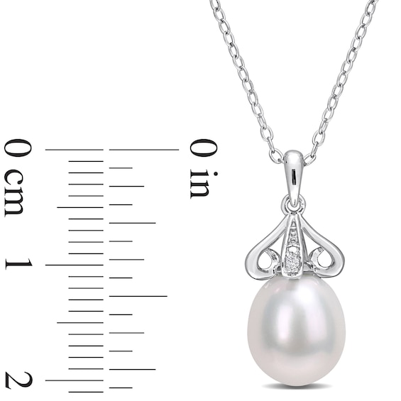 8.5-9.0mm Oval Freshwater Cultured Pearl and Diamond Accent Scroll Petal Flower Drop Pendant in Sterling Silver