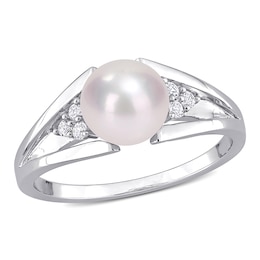 7.0-7.5mm Freshwater Cultured Pearl and Diamond Accent Tri-Sides Split Shank Ring in Sterling Silver