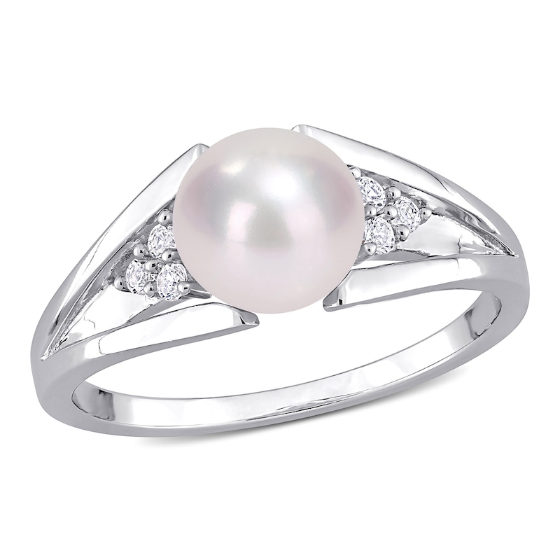 7.0-7.5mm Freshwater Cultured Pearl and Diamond Accent Tri-Sides Split Shank Ring in Sterling Silver|Peoples Jewellers