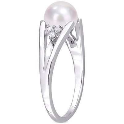 7.0-7.5mm Freshwater Cultured Pearl and Diamond Accent Tri-Sides Split Shank Ring in Sterling Silver