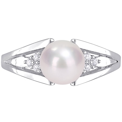 7.0-7.5mm Freshwater Cultured Pearl and Diamond Accent Tri-Sides Split Shank Ring in Sterling Silver