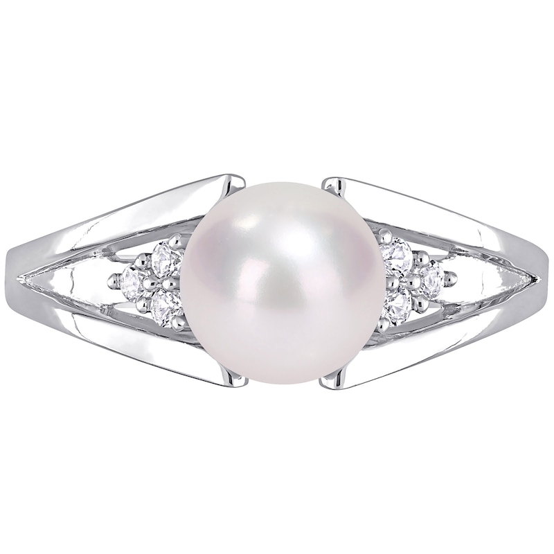 7.0-7.5mm Freshwater Cultured Pearl and Diamond Accent Tri-Sides Split Shank Ring in Sterling Silver|Peoples Jewellers