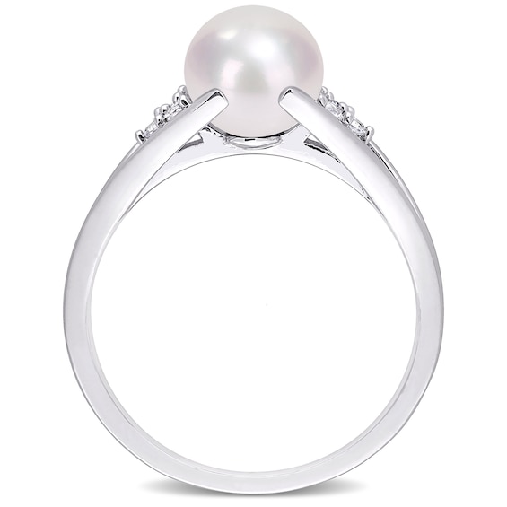 7.0-7.5mm Freshwater Cultured Pearl and Diamond Accent Tri-Sides Split Shank Ring in Sterling Silver