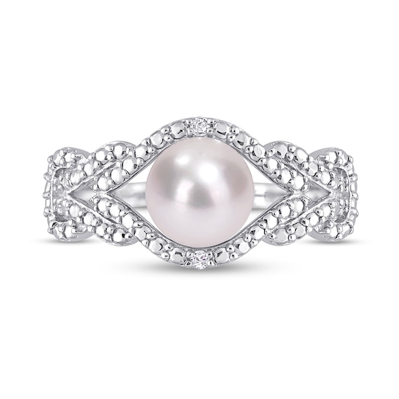 7.0-7.5mm Freshwater Cultured Pearl and Diamond Accent Beaded Evil Eye Braided Split Shank Ring in Sterling Silver