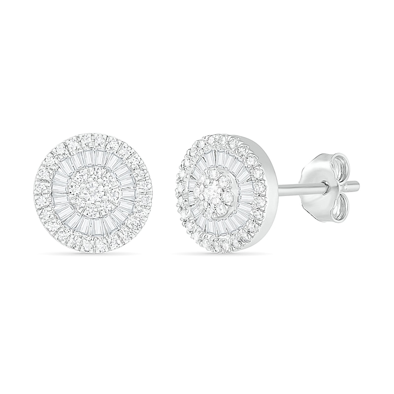0.45 CT. T.W. Composite Baguette and Round Diamond Frame Stud Earrings in 10K White Gold