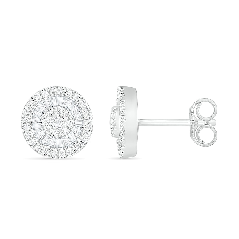 0.45 CT. T.W. Composite Baguette and Round Diamond Frame Stud Earrings in 10K White Gold|Peoples Jewellers