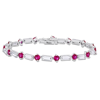 Baguette Lab-Created White Sapphire and Ruby Alternating Bracelet in Sterling Silver - 7.25"