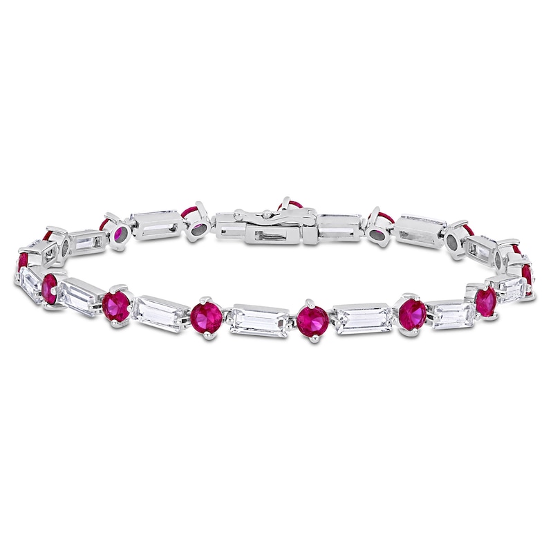 Baguette Lab-Created White Sapphire and Ruby Alternating Bracelet in Sterling Silver - 7.25"