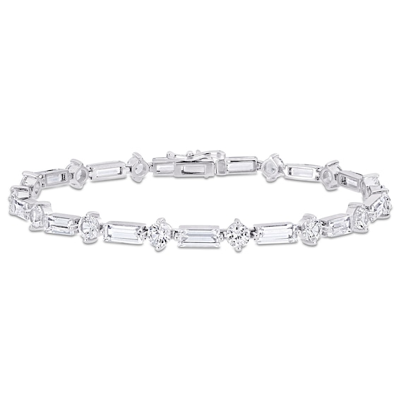 Baguette and Round White Lab-Created Sapphire Alternating Bracelet in Sterling Silver - 7.25"