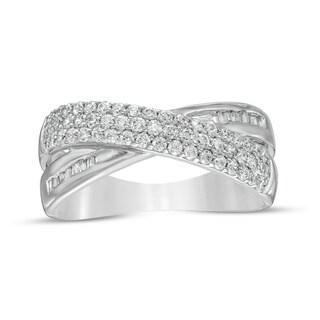 0.45 CT. T.W. Baguette and Round Diamond Crossover Anniversary Band in 10K Gold