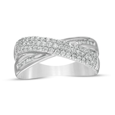 0.45 CT. T.W. Baguette and Round Diamond Crossover Anniversary Band in 10K Gold