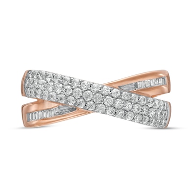 0.45 CT. T.W. Baguette and Round Diamond Crossover Anniversary Band in 10K Rose Gold