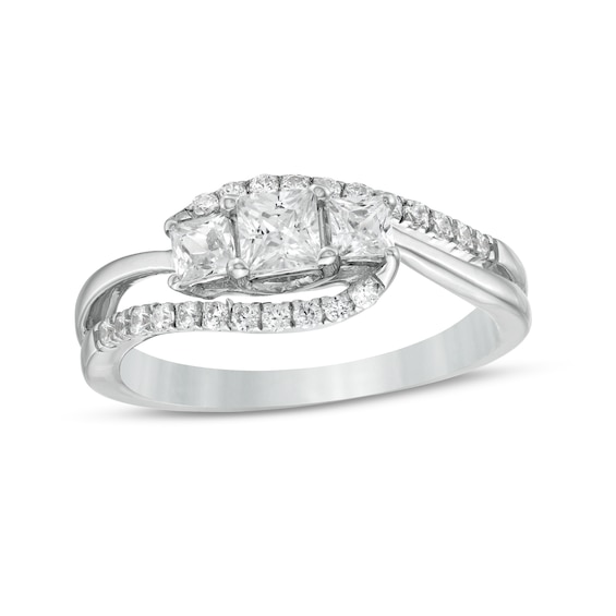 0.69 CT. T.W. Princess-Cut and Round Diamond Three Stone Bypass Ring in 10K Gold