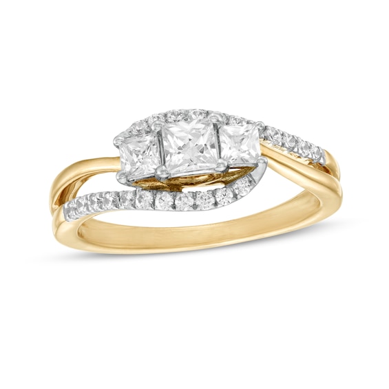 0.69 CT. T.W. Princess-Cut and Round Diamond Three Stone Bypass Ring in 10K Gold