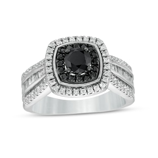 0.98 CT. T.W. Black Enhanced and White Diamond Cushion Frame Multi-Row Engagement Ring in 10K White Gold