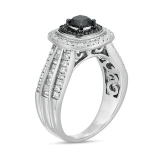 0.98 CT. T.W. Black Enhanced and White Diamond Cushion Frame Multi-Row Engagement Ring in 10K White Gold