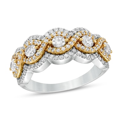 0.95 CT. T.W. Diamond Five Stone Twist Scallop Edge Ring in 10K Two-Tone Gold