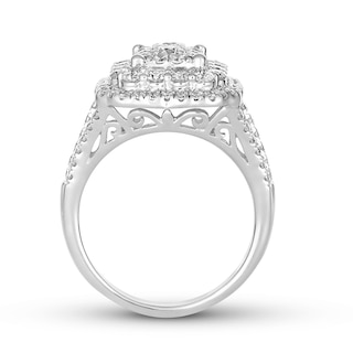 1.75 CT. T.W. Emerald-Shaped Multi-Diamond Double Frame Triple Row Split Shank Engagement Ring in 14K White Gold