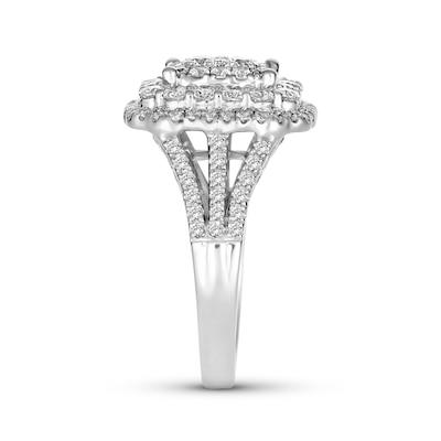 1.75 CT. T.W. Emerald-Shaped Multi-Diamond Double Frame Triple Row Split Shank Engagement Ring in 14K White Gold