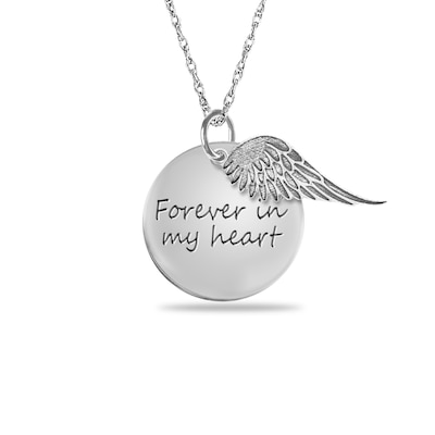 Engravable "Forever in my heart" Your Own Handwriting and Angel Wing Charm Disc Pendant in Sterling Silver (1 Image and 2 Lines)