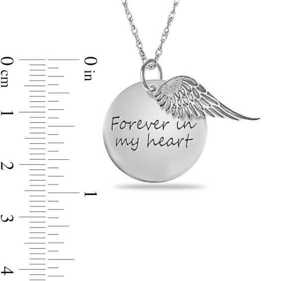 Engravable "Forever in my heart" Your Own Handwriting and Angel Wing Charm Disc Pendant in Sterling Silver (1 Image and 2 Lines)