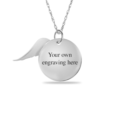 Engravable "Forever in my heart" Your Own Handwriting and Angel Wing Charm Disc Pendant in Sterling Silver (1 Image and 2 Lines)