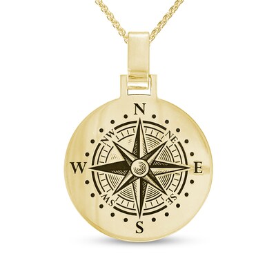 Men's Engravable Compass Disc Pendant in 10K White or Yellow Gold (1-4 Lines)