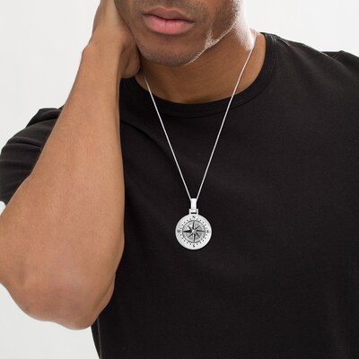 Men's Engravable Compass Disc Pendant in 10K White or Yellow Gold (1-4 Lines)