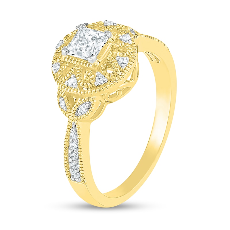 0.45 CT. T.W. Princess-Cut and Round Diamond Frame Vintage-Style Art Deco Engagement Ring in 10K Gold
